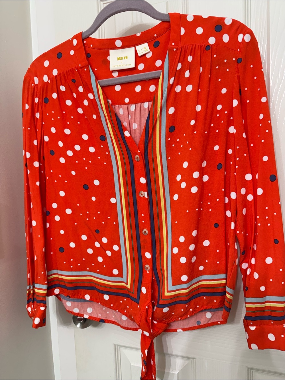 Anthropologie Red Polka Dot Tie-Front Blouse with Striped Trim